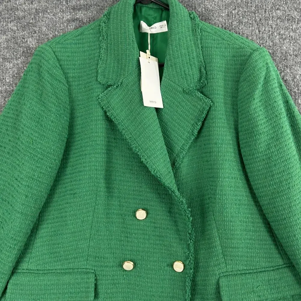 Mango Blazer XXL Tweed Double Breasted Fringe Green Office Work Meetings Retro - Picture 5 of 16